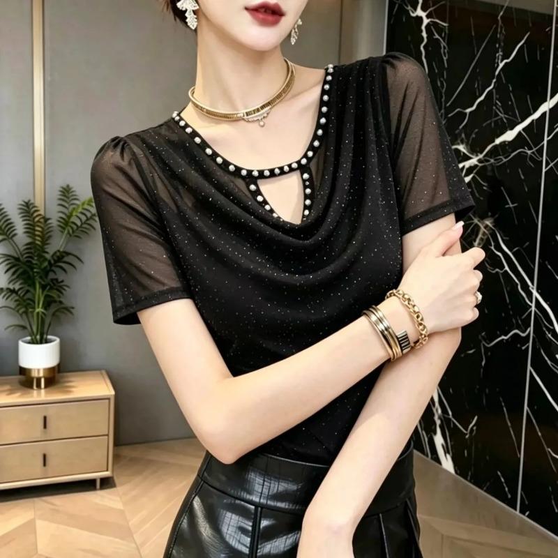 Women s Black Sparkle Mesh Cowl Neck Pearl Trim Cutout Short Sleeve Blouse M