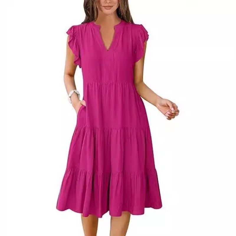 V-neck Fashion Elegant Summer Lotus Leaf Sleeve Dress Large Swing Pocket Party Dress Solid Color Casual Sweet Mid Length Splicing Dresses