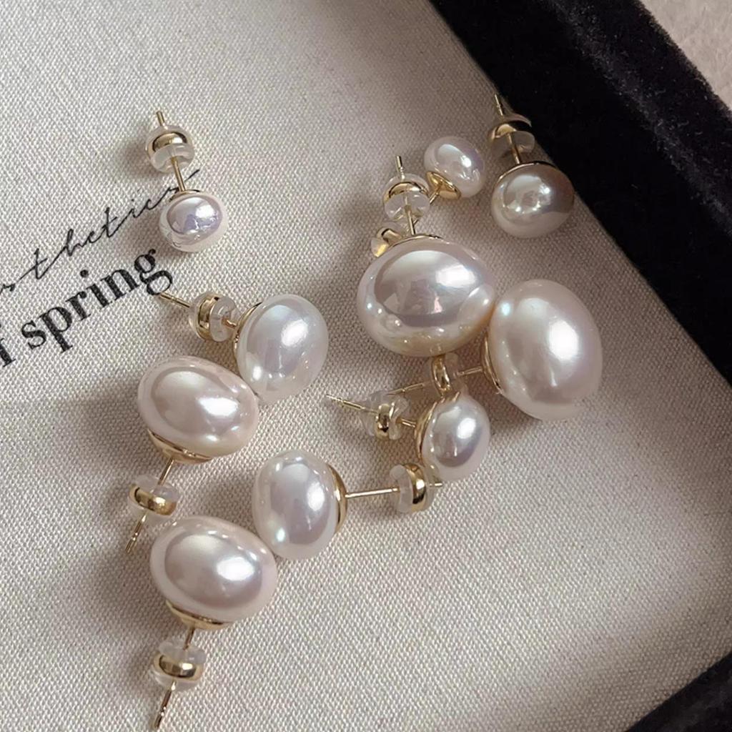Elegant 8-14MM Mantou Pearl Stud Earrings with Gold Pins - High-Quality, Simple Design