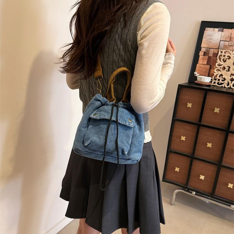 New Korean Style Crossbody Bags Fashiable and Versatile Denim Bucket Bag with Drawstring Casual and Simple Shoulder Bag