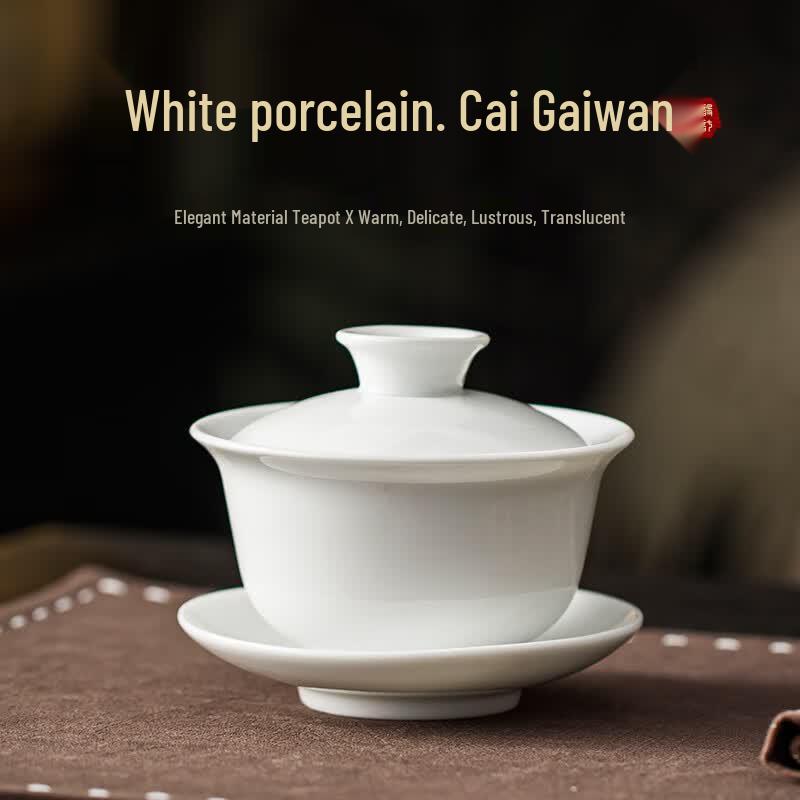 Dehua White Porcelain San Cai Gaiwan Teacup with Enlightenment Lotus Design