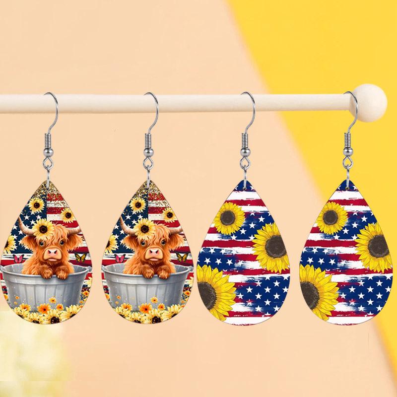 

Novelty 4th July American Flag Sunflower Bafflo PU Earrings for Women Girls, Independence Day Vintage Water Drop Earrings, Women s Fashion Earrings