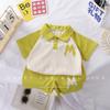 2026 New Korean Style Color Blocked Summer Children's Collar Polo Shirt Set