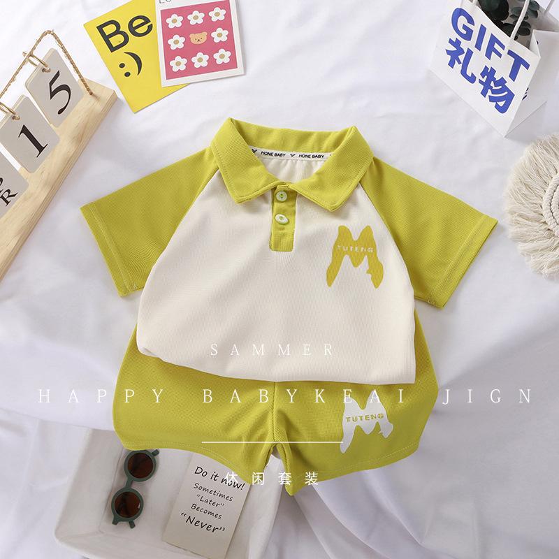2026 New Korean Style Color Blocked Summer Children's Collar Polo Shirt Set