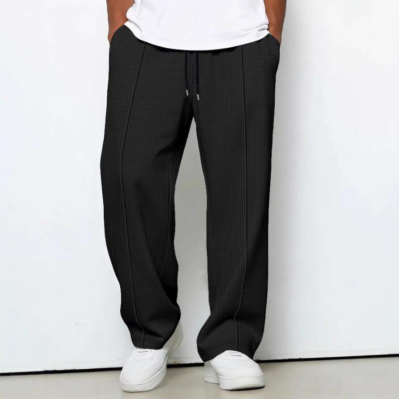 Mens Gray Waffle Knit Drawstring Waist Wide Leg Casual Pants