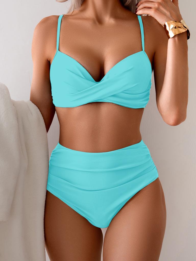 New Multi-color Printed Split Solid Color Gathering High-waisted Bikini Swimsuit