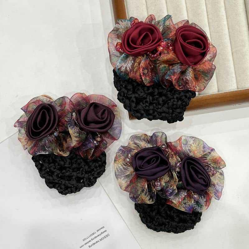 Women Hair Bun Cover Net Snood Hairnet Bow Barrette French Hair Clip Bow Ribbon Flower Hair Accessories For Banks Hotels Staff