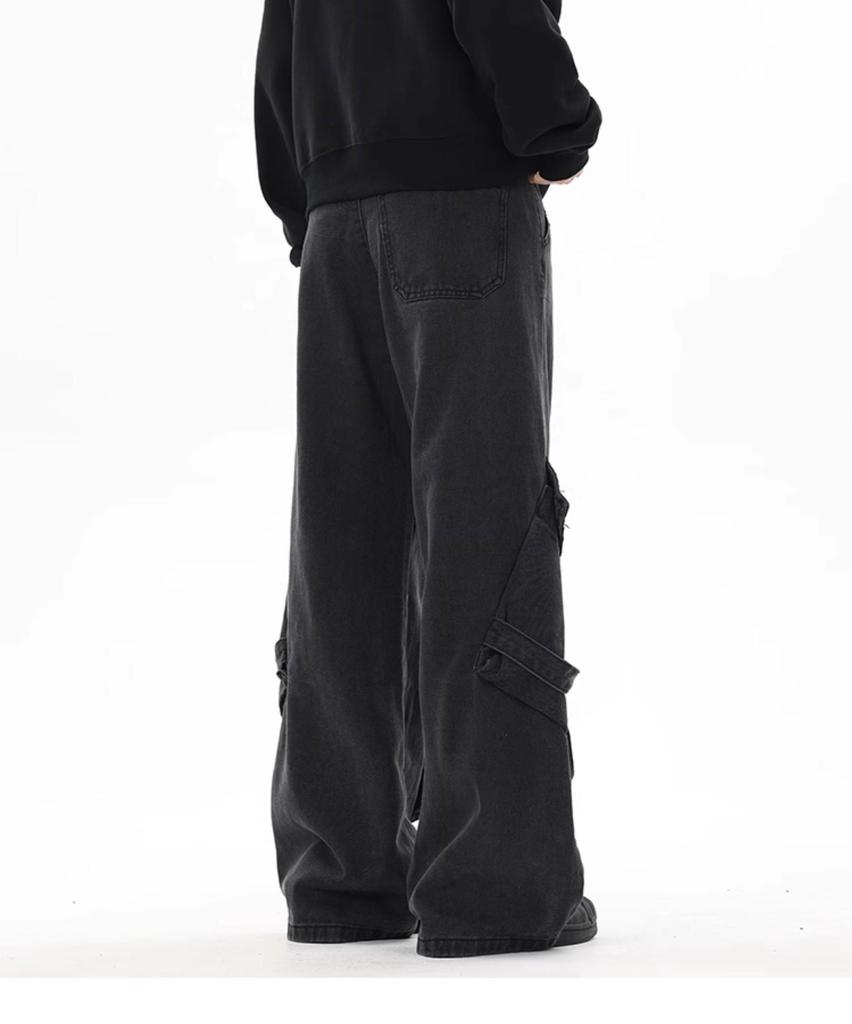 Unisex Vintage Black Distressed Wide-Leg Workwear Jeans with Multi-Pockets - High Street Punk Style