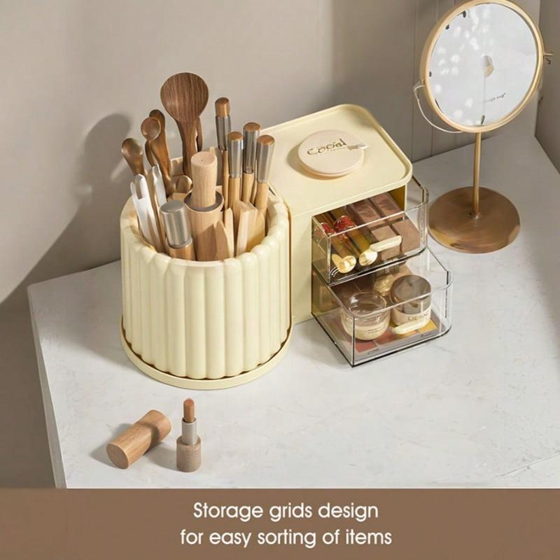 

Large Capacity 360° Rotating Makeup Organizer with Drawer - Multi-Functional Creamy Yellow Cosmetic Brush Holder, Pen Cup Cream Yellow разноцветный