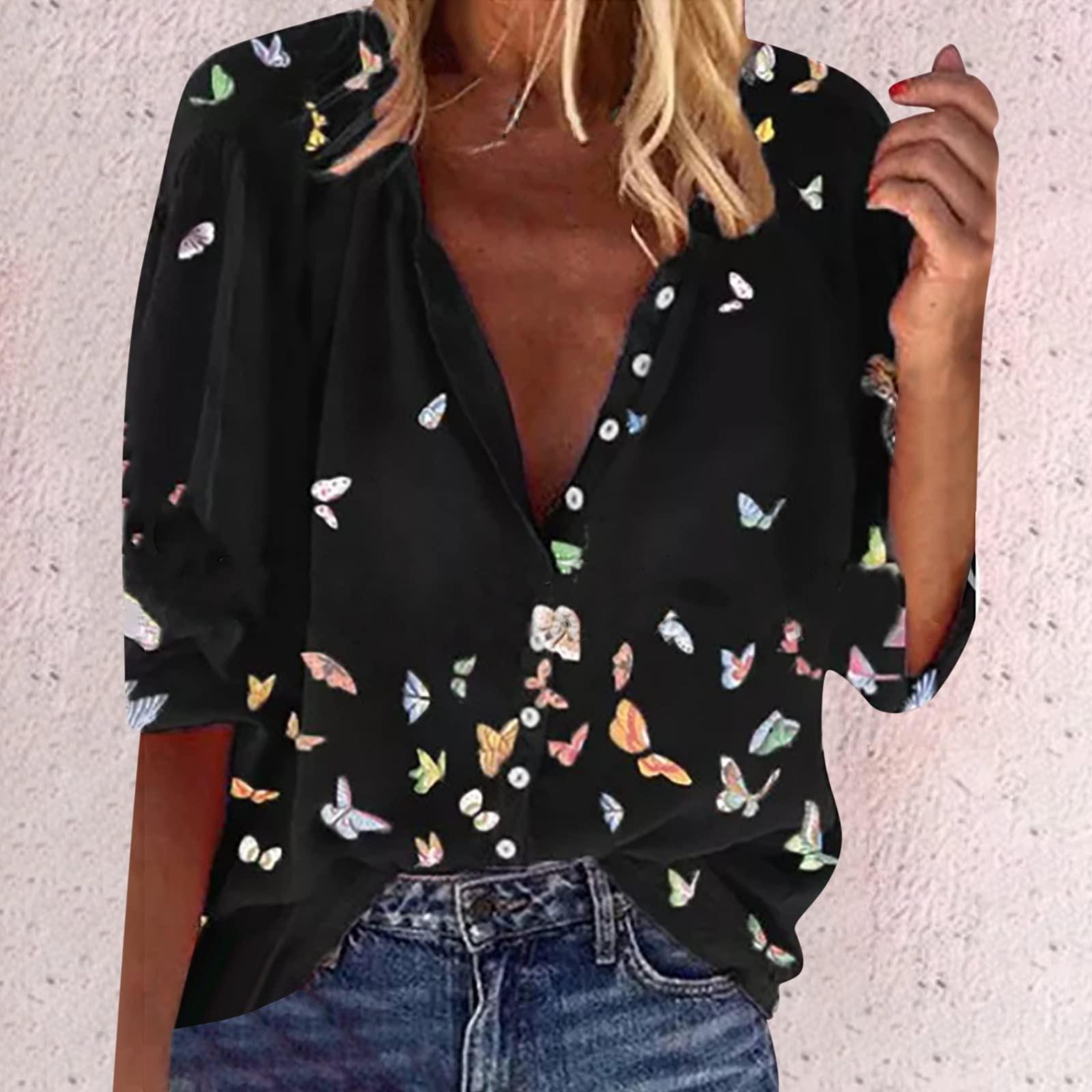 

Женская модная блузка с длинными рукавами и лацканами, рубашка с принтом бабочки, топ XL чёрный