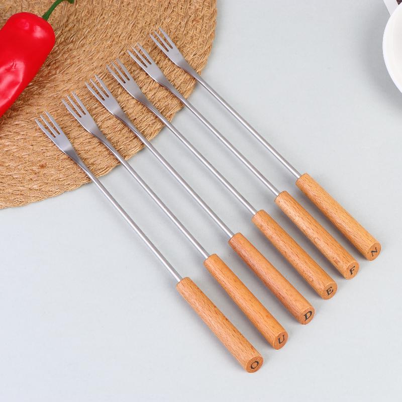 Fondue Fork Set for Chocolate Cheese BBQ Reusable Stainless Steel Wooden Handle Fruit Forks for Party Dipping and Grilling