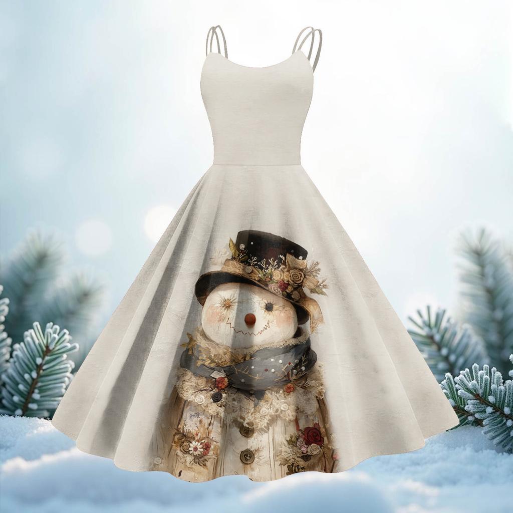 Women's Christmas Print Casual Fashion Round Neck Mid-Length Dress