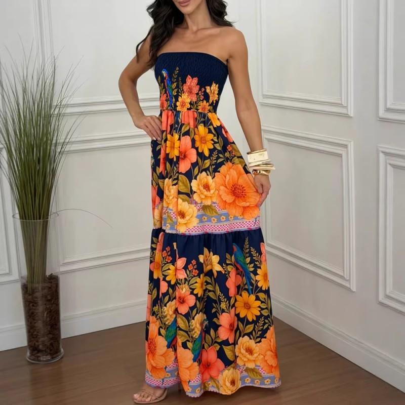 2026 Womens Printed One-Shoulder Wrap Dress A-Line Long Casual Streetwear
