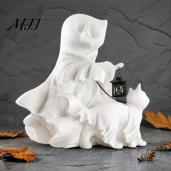 Harzhandwerk für Gartendekoration Halloween-Geist mit Laterne & Laufende Katzenfigur, Elegante Dekorationsfigur Eingangsbereich Wohnkultur Kamin