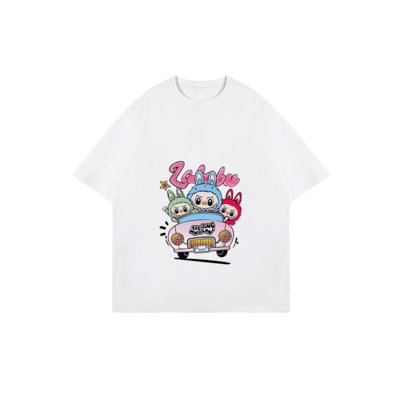 Women's Short-Sleeve T-Shirt with Colorful Cartoon "Zakubu" Bunny Characters & Pink Car Print