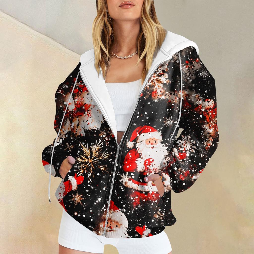 Women's Long Sleeve Christmas Print With Pockets Cardigan Zipper Hooded Sweatshirt Jacket