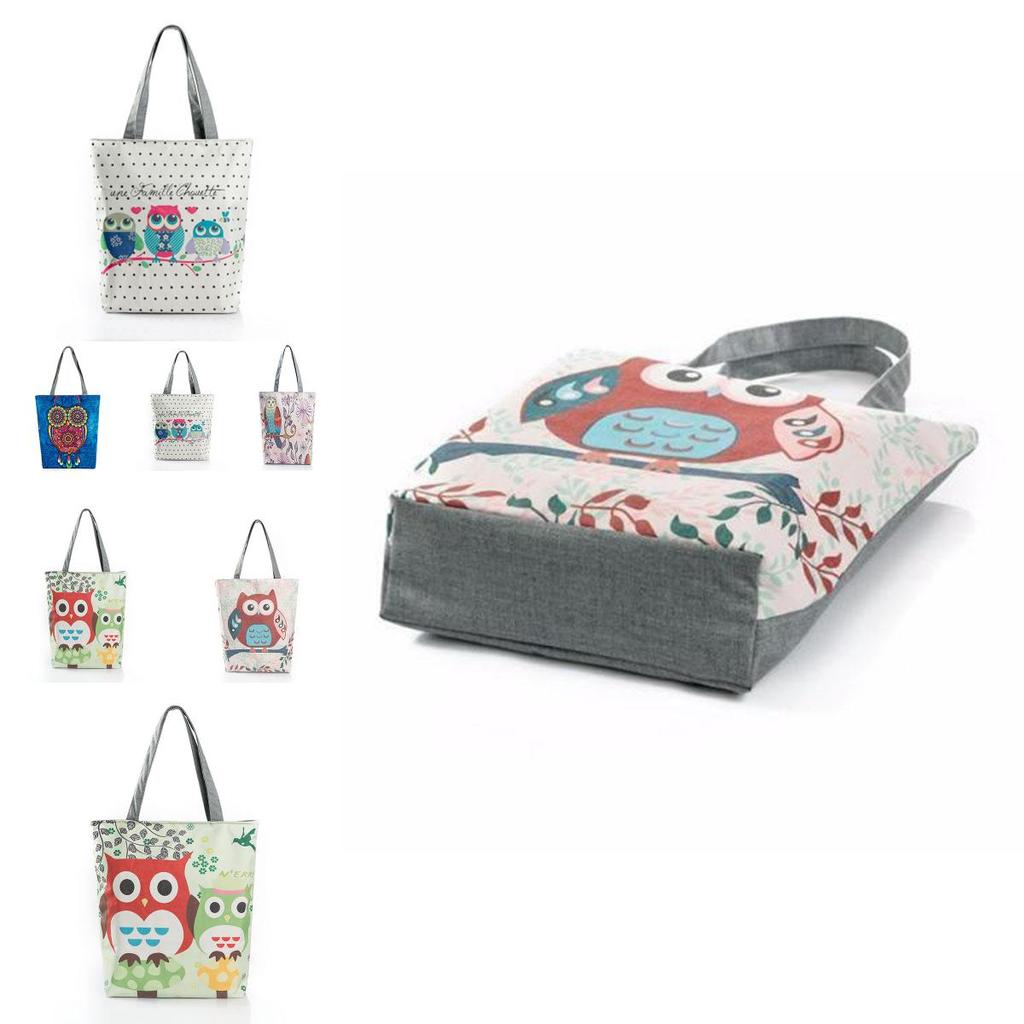 Stylish Women's Canvas Tote Shoulder Handbag Featuring Owl Design For Travel And Shopping