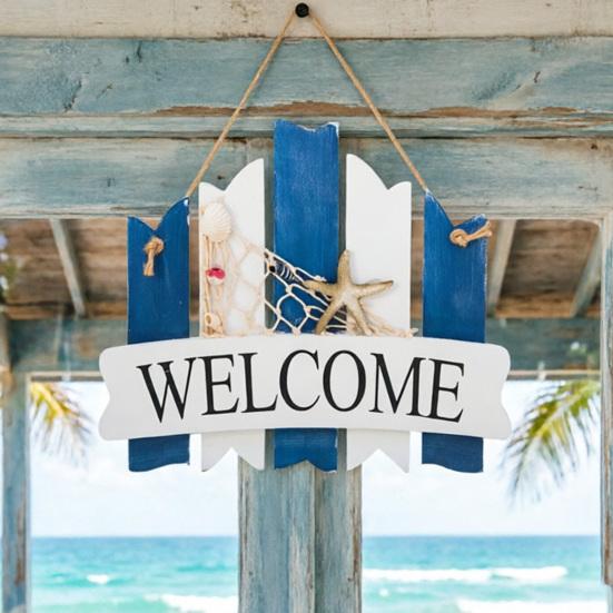 Coastal Welcome Door Sign Nautical Beach Theme Wooden Hanging Plaque with Rope Rustic Door Hanger for Front Door Patio Wall Decor
