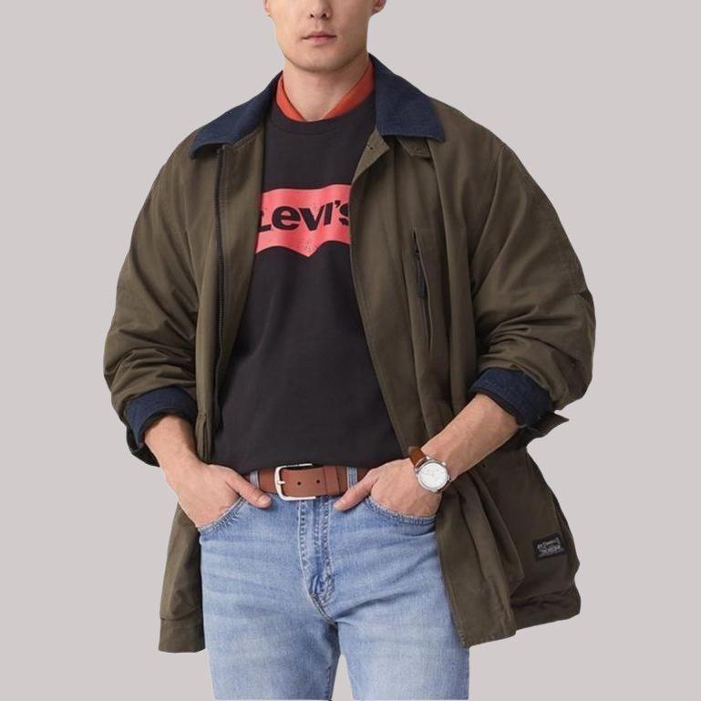 Levis Loose Comfortable Simple Color Block Collar Long Sleeve Work Jacket Men Jacket Green 003MN-0002
