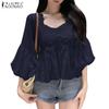ZANZEA Women Square Neck Casual Crochet Patchwork Summer 3/4 Sleeve Blouse