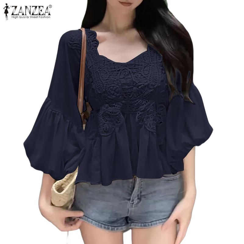 ZANZEA Women Square Neck Casual Crochet Patchwork Summer 3/4 Sleeve Blouse