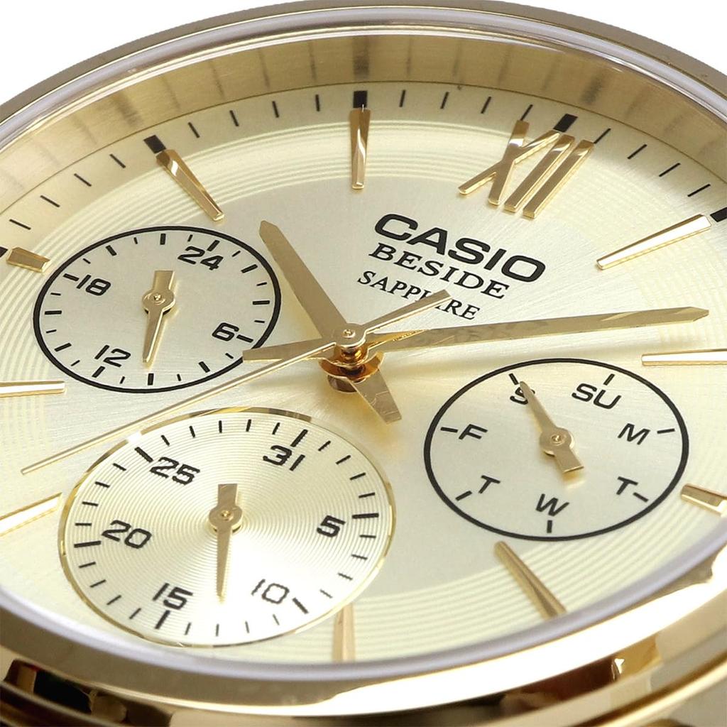 Casio BESIDE Quartz Men's Watch BMS-300GL-5AV Sapphire Glass Brown Leather Band Multi-Axis 24-Hour Display Gold