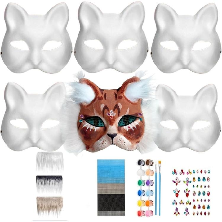Cats  Foxes Mask with Furs Eye Mesh Felts Sheet Therians Dress Up Mask to Paint for Halloween Masquerade Cosplay Party