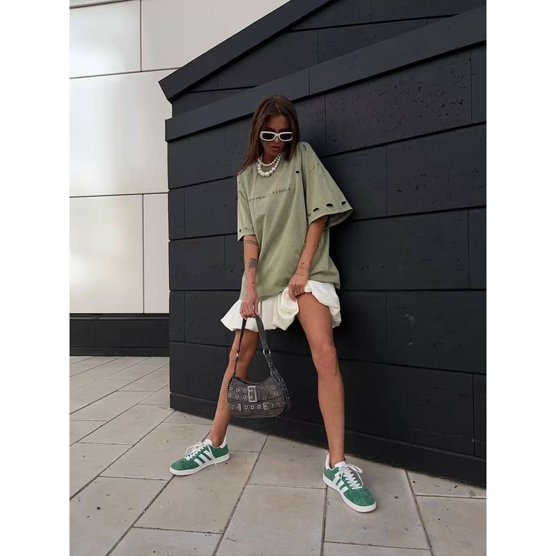 Western Style Loose Letters Print Distressed Hole T-shirt Top Broken Hole Printed T-shirt