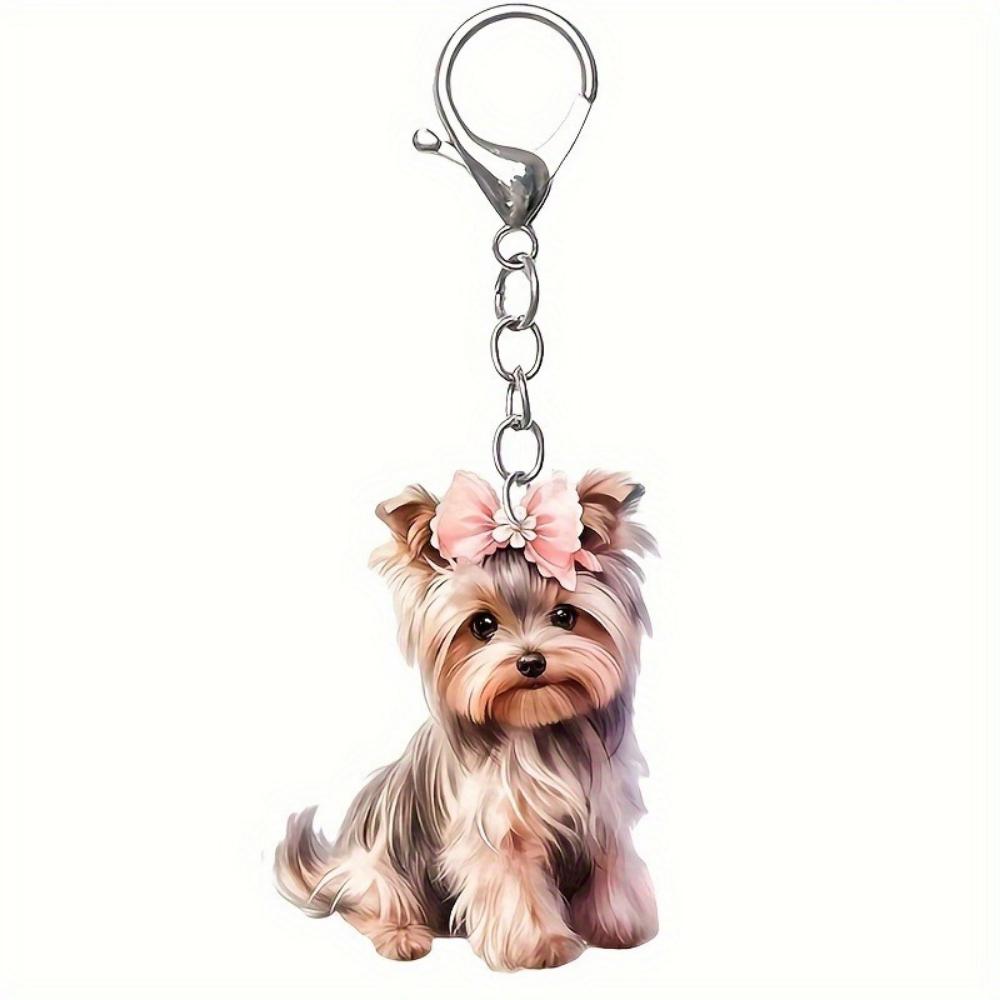 Akryl flat 2D søt Yorkshire Terrier nøkkelring anheng for bilnøkler, ryggsekker og gaver, juleanheng