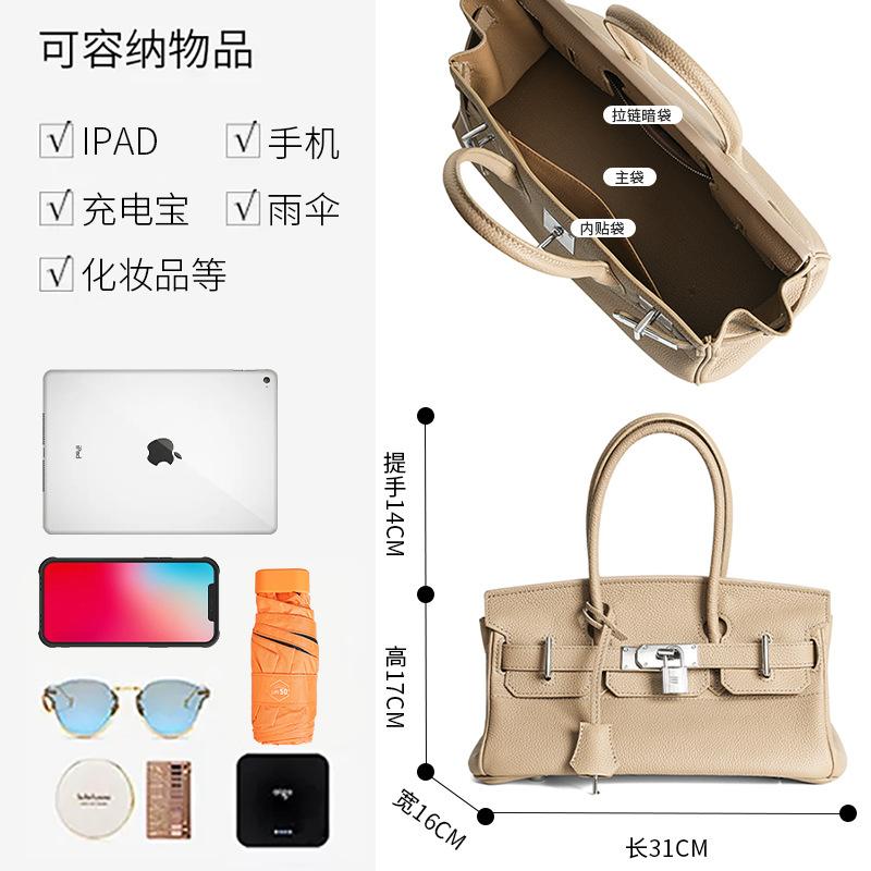 New First-layer Cowhide Fashionable and High-end Handbag, High-quality Long Leather Silver Buckle Portable Platinum Bag for Women
