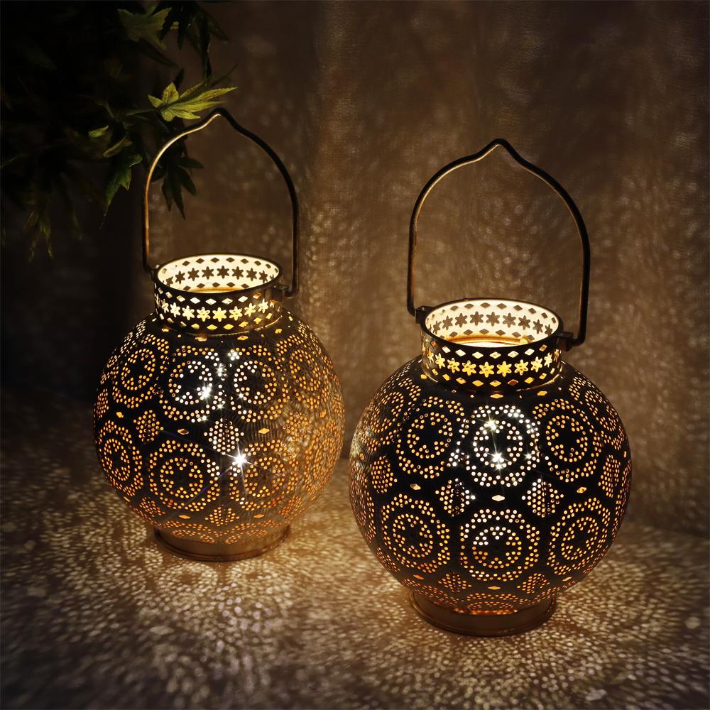 Set of Two Vintage White Battery Lantern Durable Garden Metal Round Lamp for Holiday Decoration(2pcs)