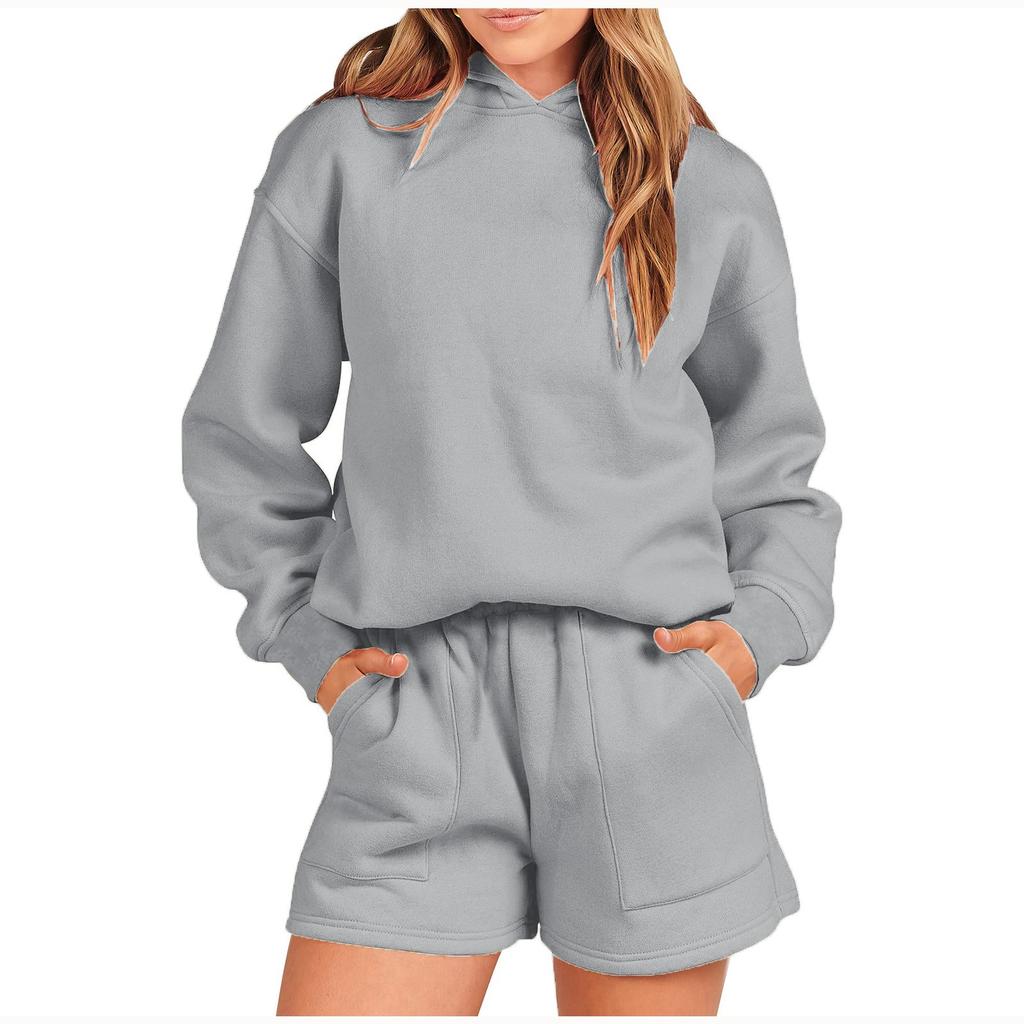 Women's Autumn And Winter Pullover Hooded Top Long-sleeved Solid Color Sweater Home Casual Shorts Two-piece Sports Suit