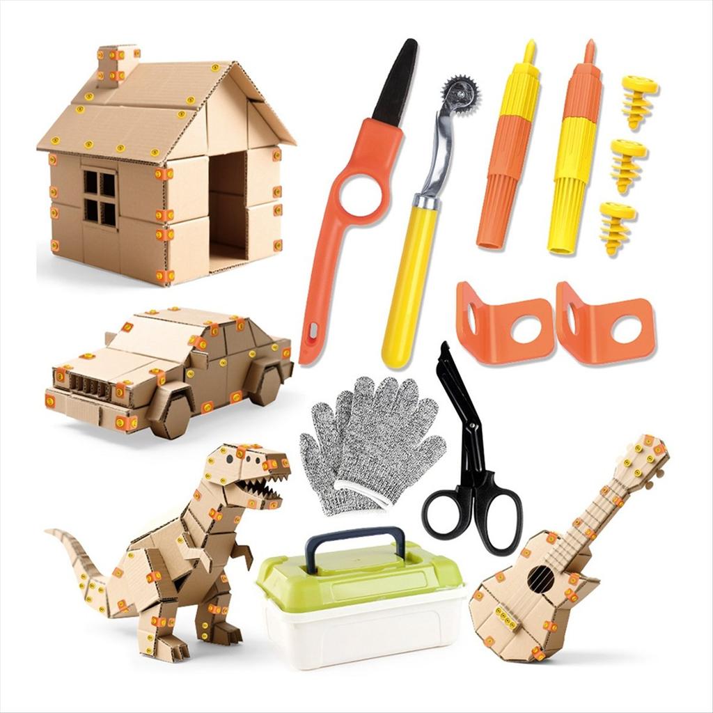 A78U Cardboard Tools for Kids with Cutter &Tool Box, 150 PCS Cardboard Construction Kit for Family & Team Activities