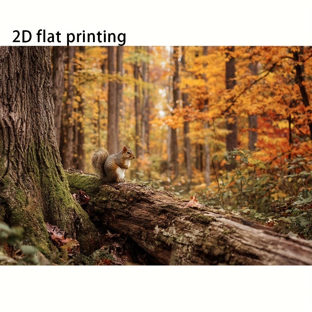 2D plane, autumn forest theme, featuring squirrels, wood, trees and fallen leaves, polyester fiber