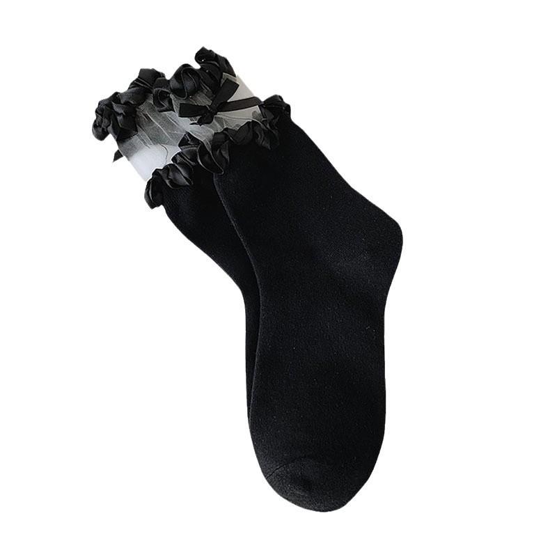 Lace-Trimmed Black Bow Lolita Mid-Calf Slouch Socks