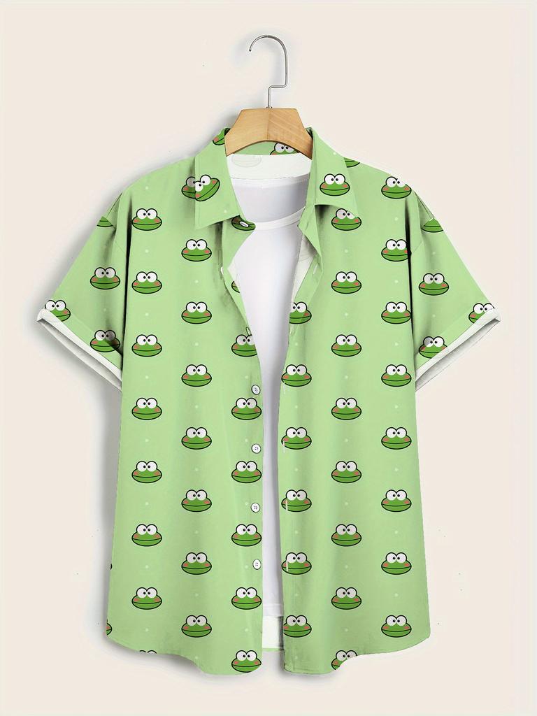 Men's Plus Size Short Sleeve Shirt- Light Green with Bright Frog Pattern, Lightweight and Breathable Fabric, Regular Fit Button Summer Casual Shirt,