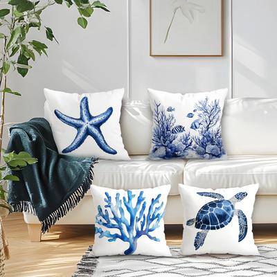 4Pcs Blue Marine Organisms Cushion Covers Single-sided Printed 45CM Throw Pillow Case Cover Sofa Cushion Home Room Decor