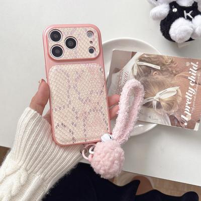 Chic Pink Snake Skin Pattern Fluffy Pom-pom Wrist Strap Luxe Phone Case for iPhone 17 16 15 14 11 12 13 Pro Max Plus Back Cover