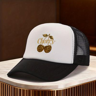 Leopard Cherry Print Trucker Hat Mesh Adjustable Baseball Cap Casual Summer Unisex