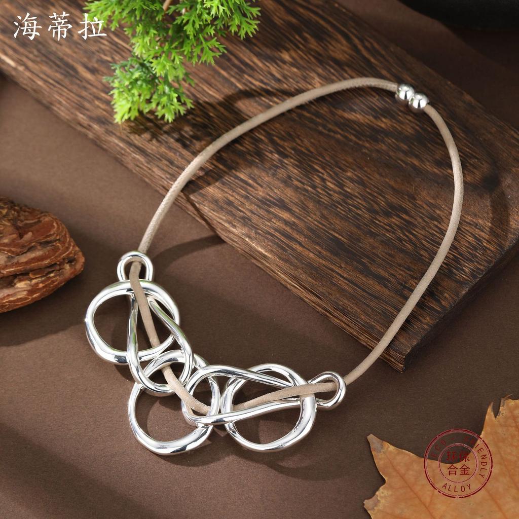 Neuer geometrischer Hohlring Lederseil Strickhalskette Damen Bohemian Silberring Halskette