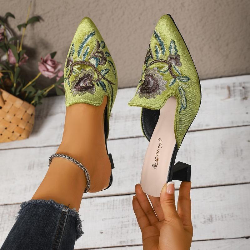 Fashion Flower High Heels Women Pointed Toe Slippers Fashion Retro Embroidery Shoes 2025 Summer New Trends Comfort Pumps Sandalias Mujer