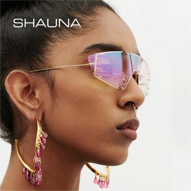 

SHAUNA винтажные цельные женские солнцезащитные очки без оправы в стиле панк, модные мужские солнцезащитные очки с заклепками, очки «кошачий глаз»