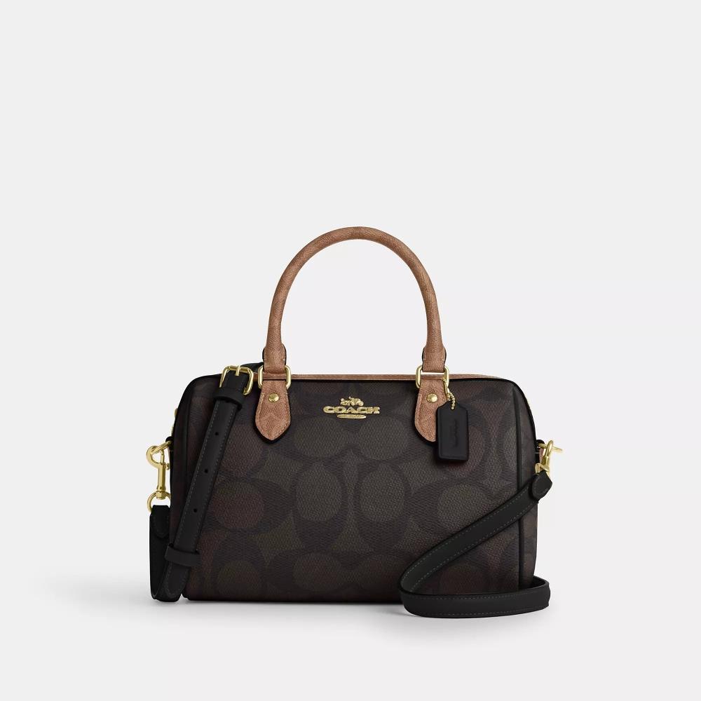 

Coach Rowan Satchel Bag In Blocked Signature Canvas Gold Walnut Tan One Size