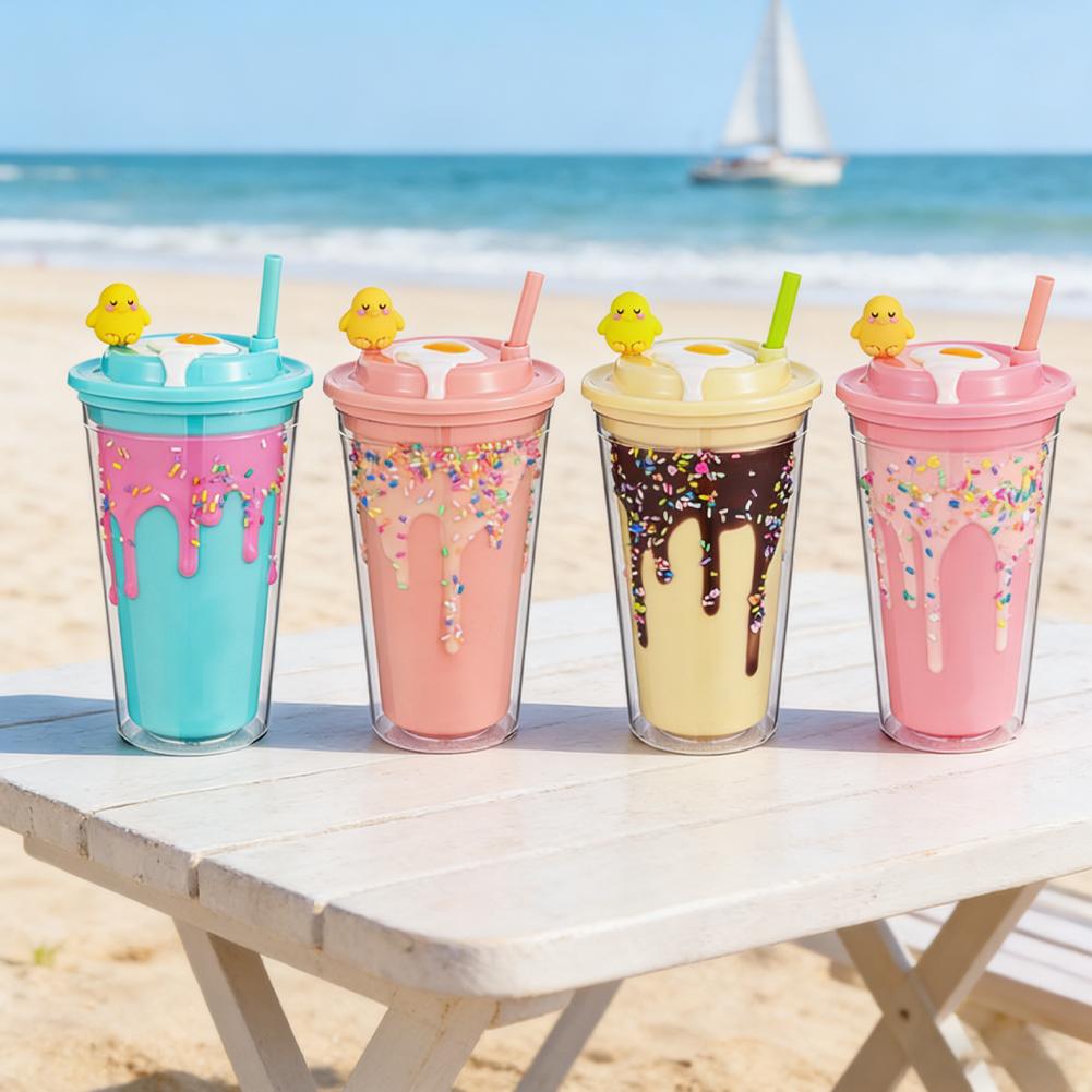 Cute Ice Cream Straw Cup Creative Double Layer Plastic Water Bottle With Crushed Ice Decor Portable Tumbler For Girls Kids Gift