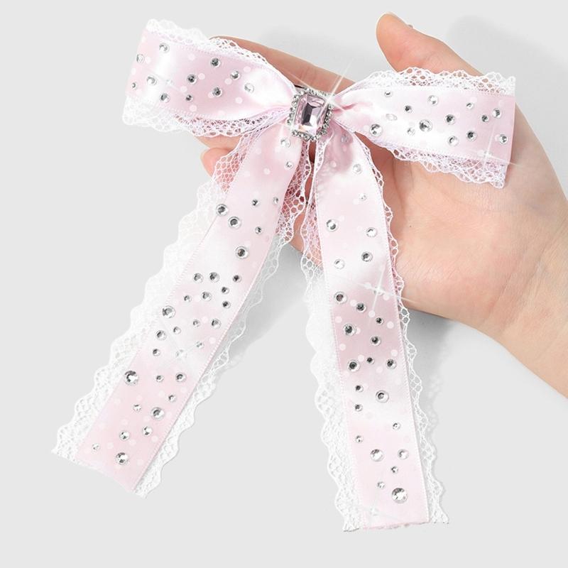Ribbon Style Lace Hair Clip Pink and White Hair Accessory with Center Accent for Side Hair and Daily Styling Use