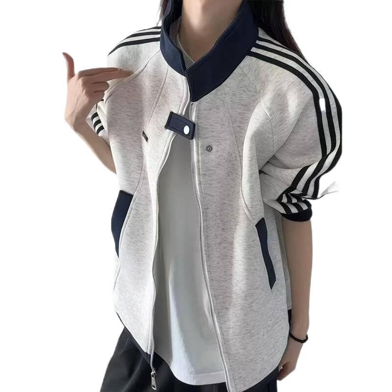 Unisex Heavyweight Color Block Striped Cardigan Hoodie: Trendy Autumn/Winter Baseball Jacket with Stand Collar