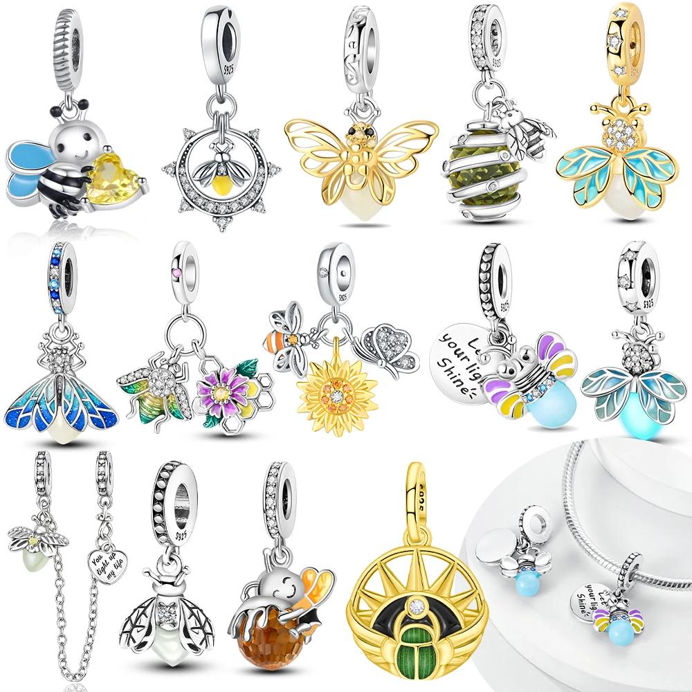 925 Silver Yellow Heart Pendant Gold Fireflies Sunflower Butterfly Bees Bead Fit Bracelet Valentine's Day Gift Jewelry