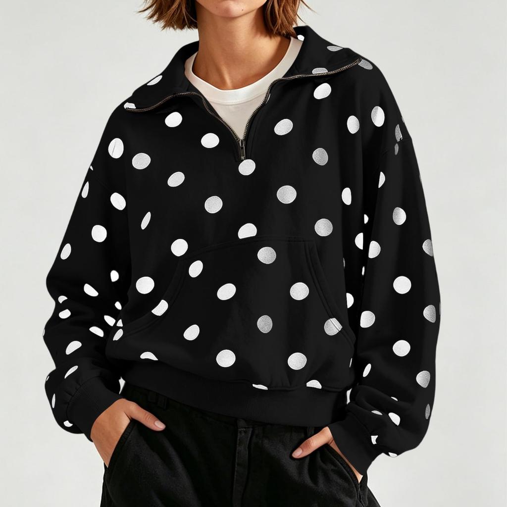 Women's Long Sleeve Half Zip Polka Dot Sweatshirt