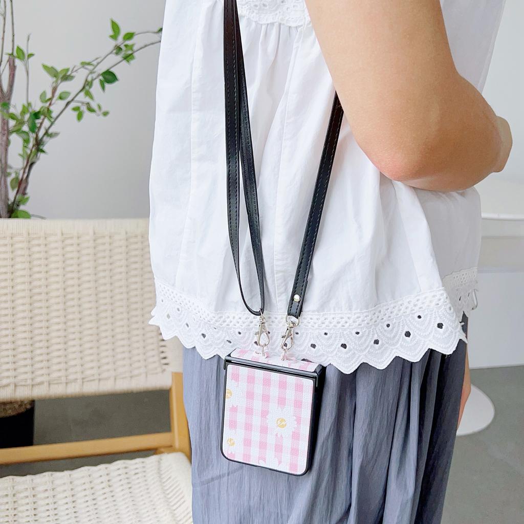 For Samsung Galaxy Z Flip7 FE 5G/Z Flip6 5G Flower and Grids Pattern PU Leather Coated PC Phone Cover with Crossbody Strap