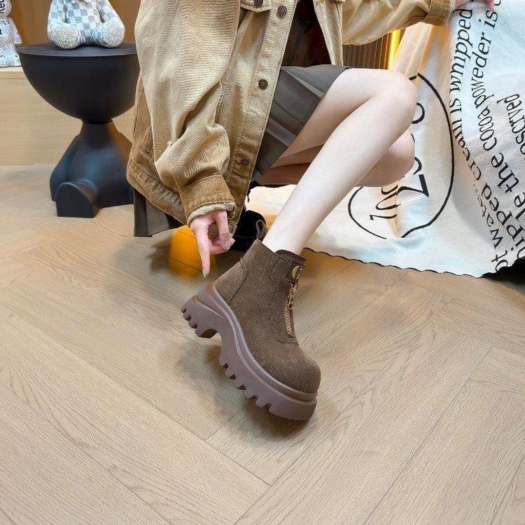 Front zipper Martin boots women's 2025 autumn new retro suede thick-soled heightening short boots Korean version versatile single boots